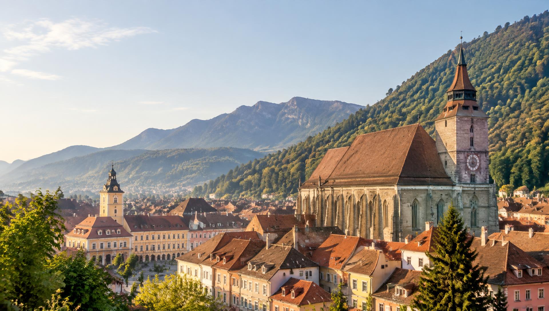 Panoramic view of Brașov old town, Council Square towers and the Carpathian mountains